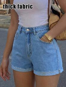 Shorts vaqueros de tiro alto lavados y remangados, de estilo minimalista y versátil, para mujer, de uso casual en verano - Azul lavado medio - Ver 1