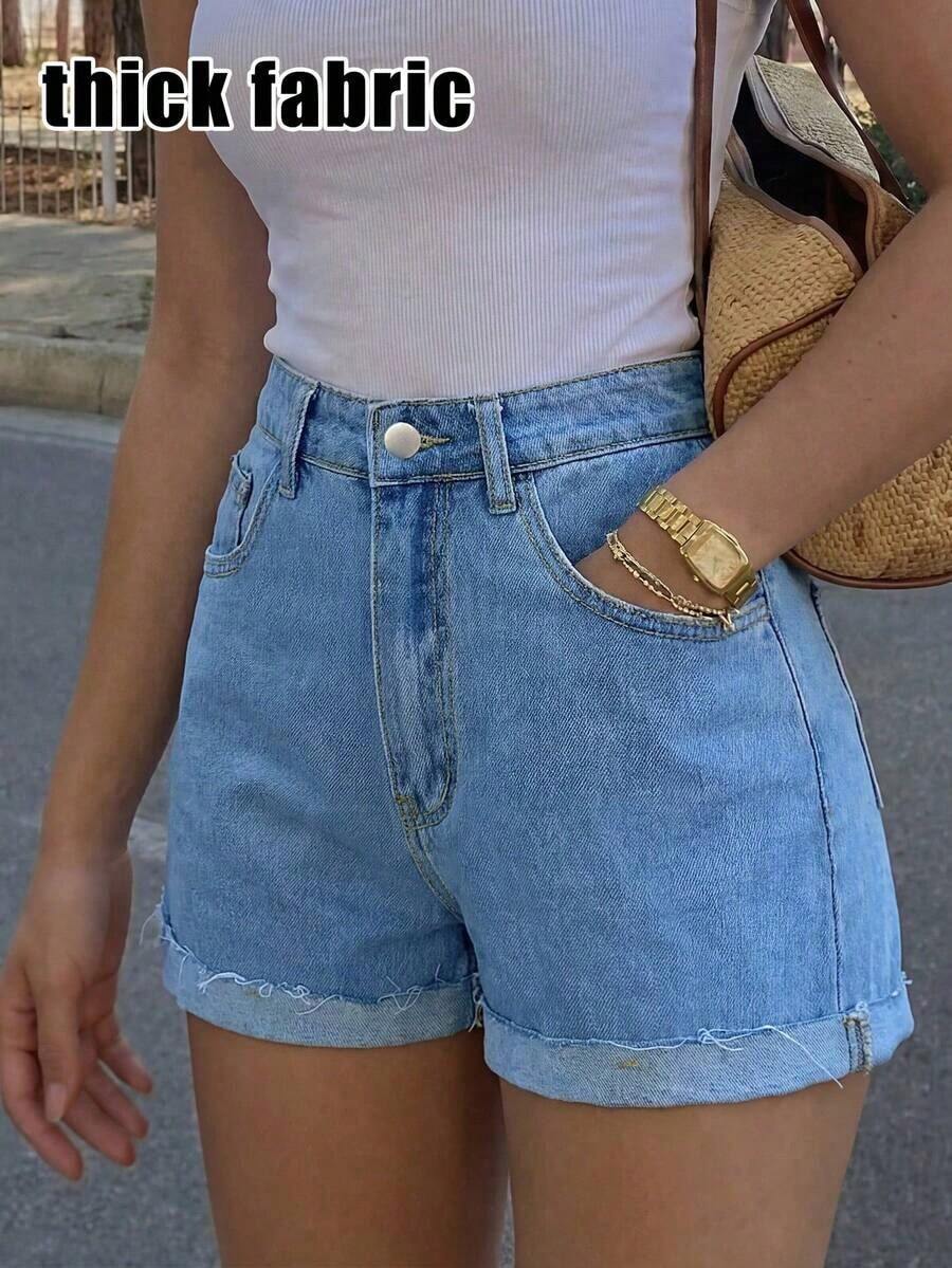 Shorts vaqueros de tiro alto lavados y remangados, de estilo minimalista y versátil, para mujer, de uso casual en verano - Azul lavado medio - Ver 1