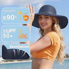 Sun Hats For Women, Straw Hats UPF 50+ Sun Protection, Wide Brim Womens Beach Hat For Summer Travel - 海軍藍 - 查看 3