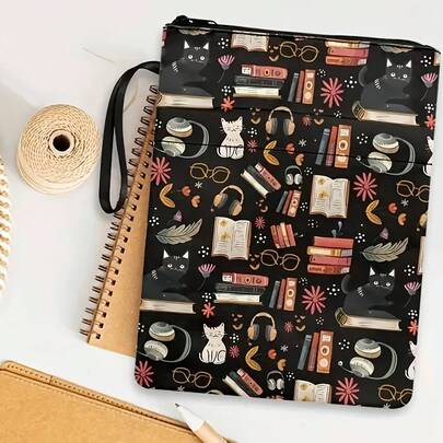 Cute Cat And Book Pattern Book Cover, With Zipper, Washable, Suitable For Paperback Books, With Pockets, The Perfect Back-To-School Gift For Women And Girls.