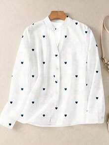 Camisa de mujer de manga larga con botones y bolsillos, con estampado romántico de corazones, adecuada para otoño, invierno y primavera - Blanco - Ver 11