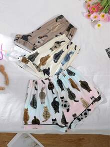 3 chiếc quần short nữ mùa hè nhẹ, cạp chun, kiểu dáng thường ngày, phù hợp cho mọi mùa, đi nghỉ mát, dự tiệc, đi biển, mặc ở nhà, dáng rộng thoải mái, họa tiết mèo thường ngày. - Nhiều màu - Xem 7