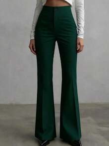 Pantalones rectos de talle alto de color negro sólido, elegantes y casuales, adecuados para uso diario, oficina, traslados, hogar, citas, pequeñas fiestas, eventos sociales ligeros en primavera - Verde Oscuro - Ver 2