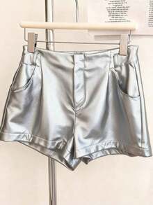 Pantalones cortos plisados de unicolor de piel de PU para mujer, estilo casual y de oficina - Plateado - Ver 5