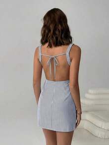 Vestido mini sin espalda y sin mangas con rayas azules tejido para mujeres - Azul marino - Ver 4