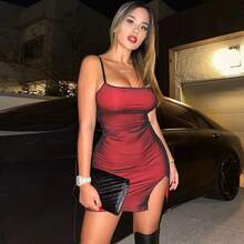 Vestido de mujer de verano dividido con tirantes ajustados sexys de doble capa de malla de alta gama de Yujie - vino tinto - Ver 2