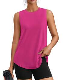 PINSPARK Workout Tops For Women Sleeveless Athletic Tank Tops UPF 50+ Running Tanks With Side Slits Loose Fit Gym Yoga Shirt - Hot Pink - View 9