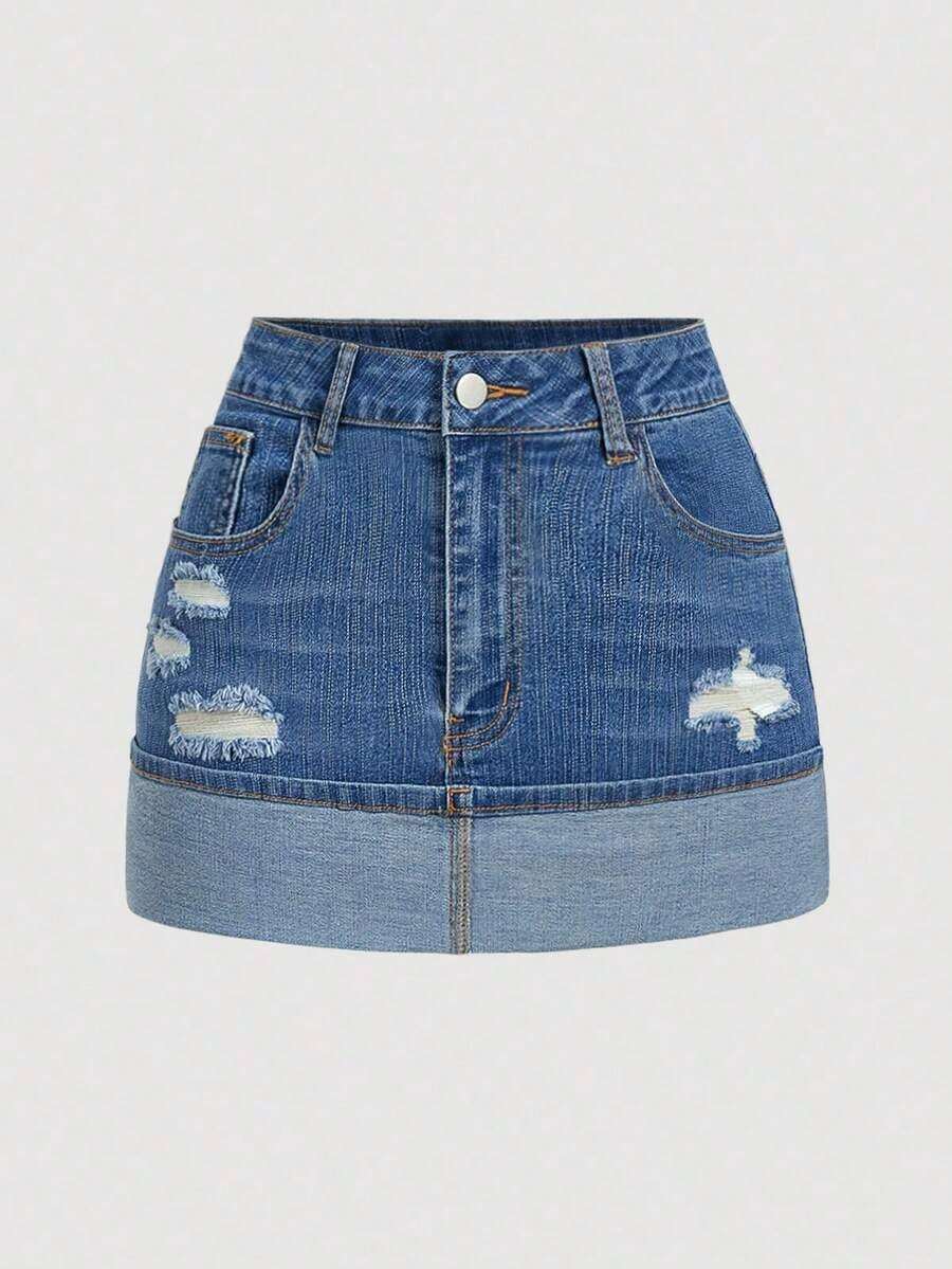 Falda vaquera mini de estilo casual de calle de verano para mujer con dobladillo puño - Azul 2 - Ver 1