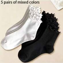 1/3/5 Pairs Women Cute Ruffle Trim Ankle Socks, Black & White Color, Polyester & Spandex Blend, Machine Washable - Multicolor - View 4
