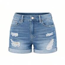 Mid Rise Raw Trim Ripped Denim Shorts | Mid-Stretch Casual Blue Wash Jean Shorts - Light Wash - View 7