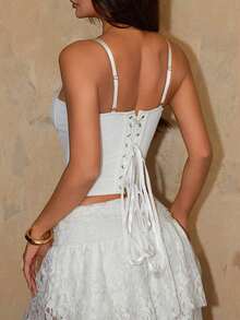 Lace Floral Embroidered Backless Corset Top, Adjustable Tie Waist Shaping Camisole Suitable Music Festivals, Weddings, Parties And Outings White Summer - 白色 - 查看 3