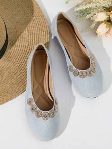 Women Ballet Flats Elegant Rhinestone Flower Decoration Soft Comfortable Suede Structure Lightweight Slip Resistant Daily Blue - Baby Blue - View 6