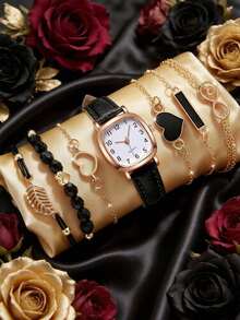 1pc Quartz Analog Watch, Square Roman Numeral Dial, Vintage Formal Watch + Accessory - Black - View 3