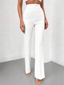 Pantalones rectos de talle alto de color negro sólido, elegantes y casuales, adecuados para uso diario, oficina, traslados, hogar, citas, pequeñas fiestas, eventos sociales ligeros en primavera - Blanco - Ver 4