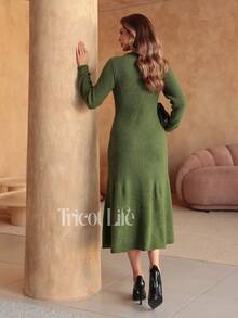 Women's Midi Dress In Mousse Knit, Long Sleeves With Braided Detail, Fitted Waist, Elegant, Winter, Premium, Casual, Party, Work, Travel - 軍綠色 - 查看 2