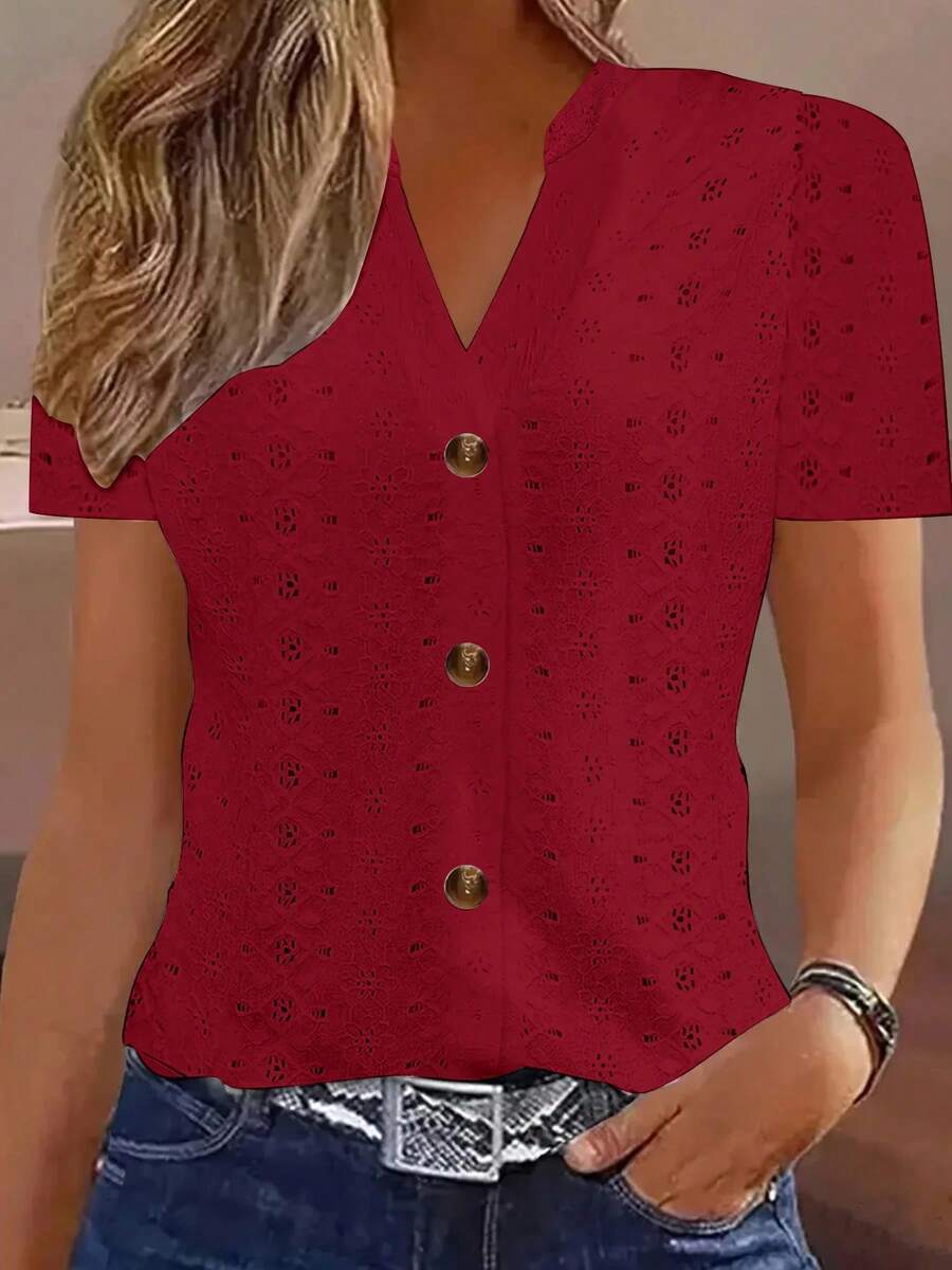 Tops Y2k, blusa informal de verano para mujer, Tops de manga corta con botones y cuello en V, blusas elegantes a la moda, camisas informales holgadas de colores sólidos - XF7780 Rojo Vino - Ver 1