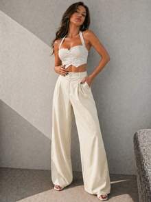 Women's Casual High Waist Wide Leg Pants With Pockets - White - View 4