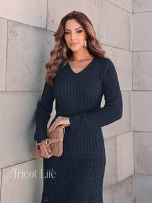 Elegant Women's Midi Knit Dress With Long Sleeves And Lace, Mermaid Style, Ideal For Winter Parties, Shapes The Body. - 藏蓝色 - 查看 7