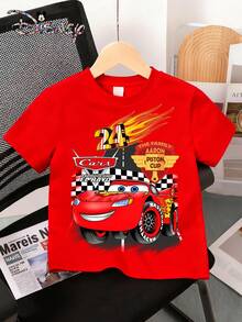Disney Authorization - Baby Men's Clothing Summer Casual Short Sleeves - Lightning McQueen Birthday - Printed Pattern Design Round Neck Baby T-Shirt, Newborn Baby Pullover, Summer Top Clothing, Local Warehouse, Soft And Comfortable, Suitable For Baby Men's Clothing - Đỏ - Xem 3