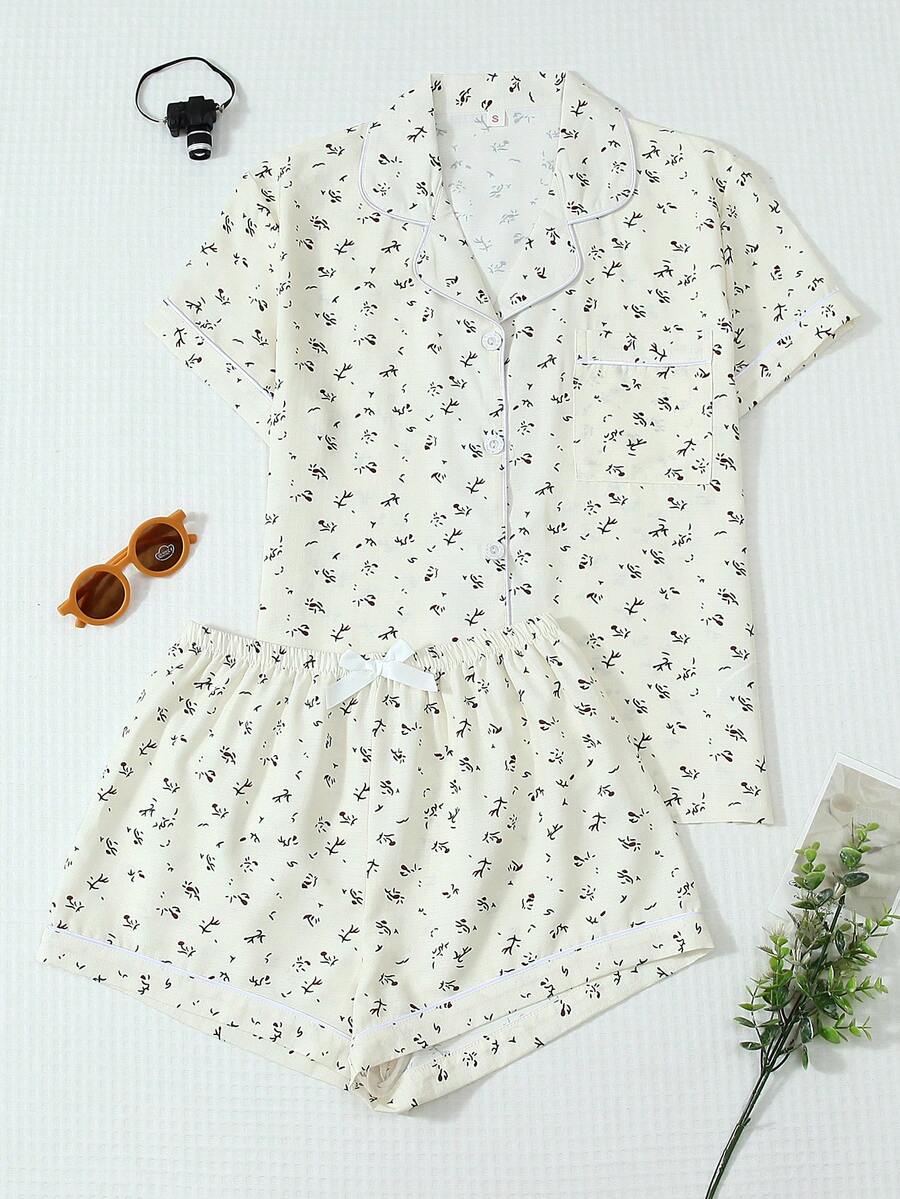 2pcs/Set Comfortable Ditsy Floral Short Sleeve Polo Collar Top And Bow Shorts Pajama Set For Women, Spring/Summer - Apricot - View 1