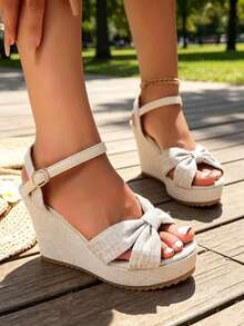 New Summer Platform Wedge Sandals, Thick Sole Waterproof Elevated Slimming Shoes - Beige - View 6