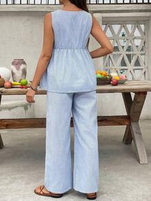 Conjunto de 2 piezas compuesto por top casual de cuello redondo sin mangas a rayas y pantalones holgados para embarazadas, ideal para el verano - Azul 2 - Ver 2