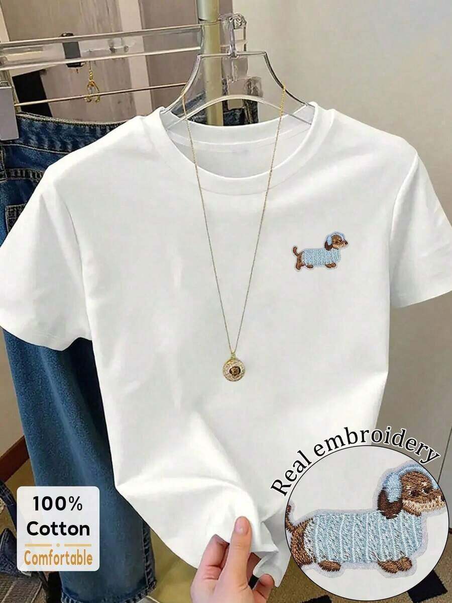 Camiseta de mujer de manga corta y cuello redondo con bordado casual de perro salchicha, versátil - Blanco - Ver 1