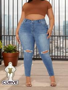Pantalones Vaqueros Skinny para Mujer Talla Grande - Tejido Elástico, Efecto Lavado con Rayas de Gato y Rotos, Acentúa Curvas,​ Jeans ajustados elásticos con curvy - Azul - Ver 6