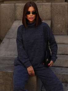 Women's Set Including A Turtleneck Long-Sleeved Blouse With High-Waisted Wide-Leg Trousers In Premium Ribbed Knit - Suitable For Cold Winters, Elegant Tailoring, Comfortable Turtleneck, Wide Leg, Casual Everyday Wear, Warm Gray. - 灰色 - 查看 3