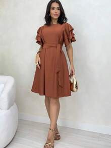 Short Midi Dress With Puff Sleeves, Ruffles, Layers, Party Skirt, Elegant, Evangelical Style. - Rỉ Nâu - Xem 1
