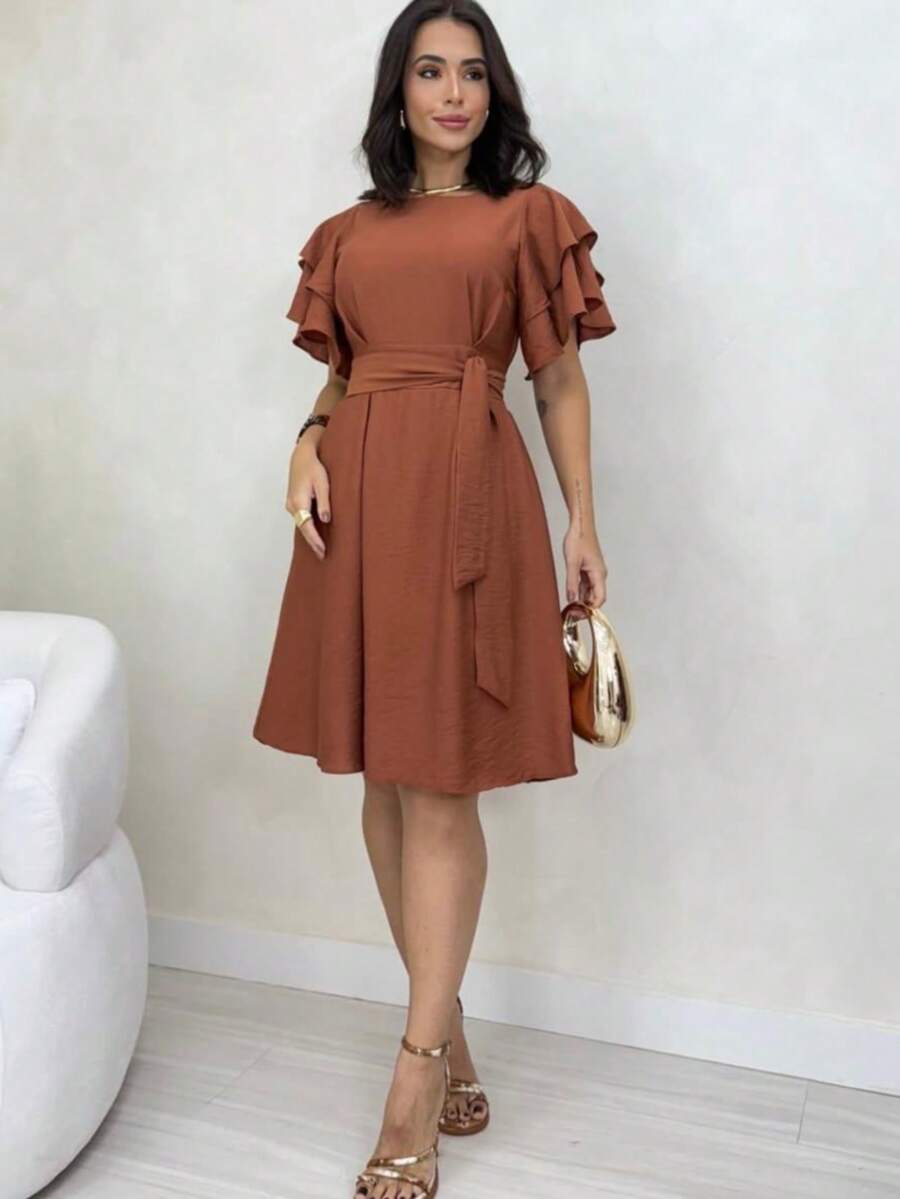Short Midi Dress With Puff Sleeves, Ruffles, Layers, Party Skirt, Elegant, Evangelical Style. - Rỉ Nâu - Xem 1