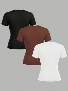 Conjunto de 3 piezas de camisetas de manga larga de ajuste ceñido con cuello redondo, estilo minimalista casual, 95% algodón, para mujer - Multicolor 11 - Ver 2