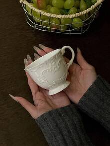 1pc French Ins Style Embossed Ceramic Coffee Cup, High-Quality Latte Cup For Cappuccino, Latte, Tea, Hot/Cold Drinks, Coffee, Juice, Milkshake, Afternoon Tea, Suitable For Living Room, Bedroom, Wedding, Mother's Day, Holiday Gifts - Multicolor - View 5