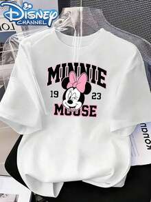 Disney Minnie Mouse's Retro Style Printing 2026 Summer Casual Best-Selling Style Round Neck Ladies' Summer T-Shirt, With A Versatile Design, Must-Have High-Quality Fabric Ladies' Short-Sleeved T-Shirt In Summer. - 白色 - 查看 1