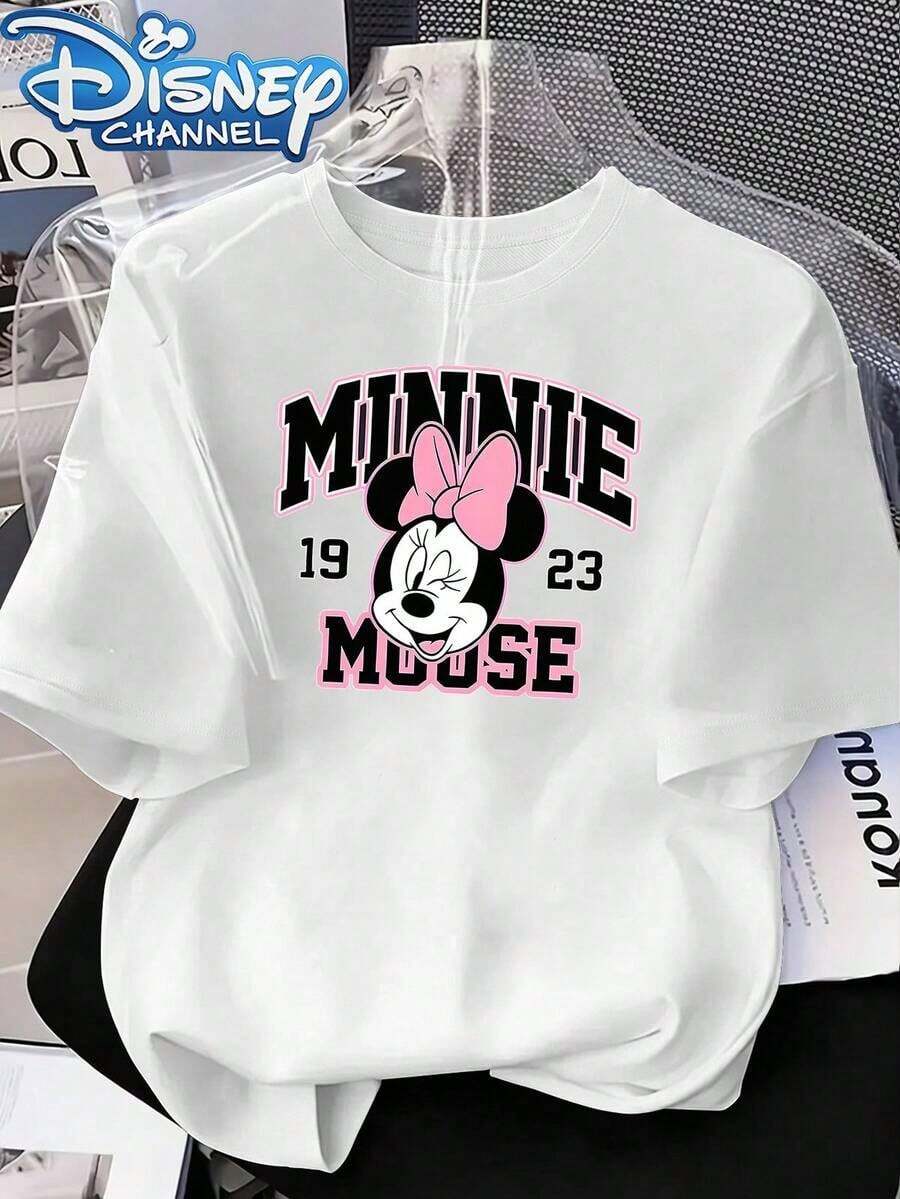 Disney Minnie Mouse's Retro Style Printing 2026 Summer Casual Best-Selling Style Round Neck Ladies' Summer T-Shirt, With A Versatile Design, Must-Have High-Quality Fabric Ladies' Short-Sleeved T-Shirt In Summer. - 白色 - 查看 1
