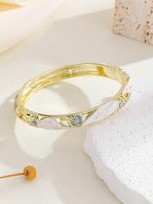 1pc Women's Cloisonne Enamel Dotted Drip Oil Gold Plated Bangle - White - View 2
