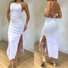 Vestido largo sexy sin tirantes, de punto, estilo playero, con cuello halter y espalda descubierta, éxito de  en Europa y América. - Blanco - Ver 2