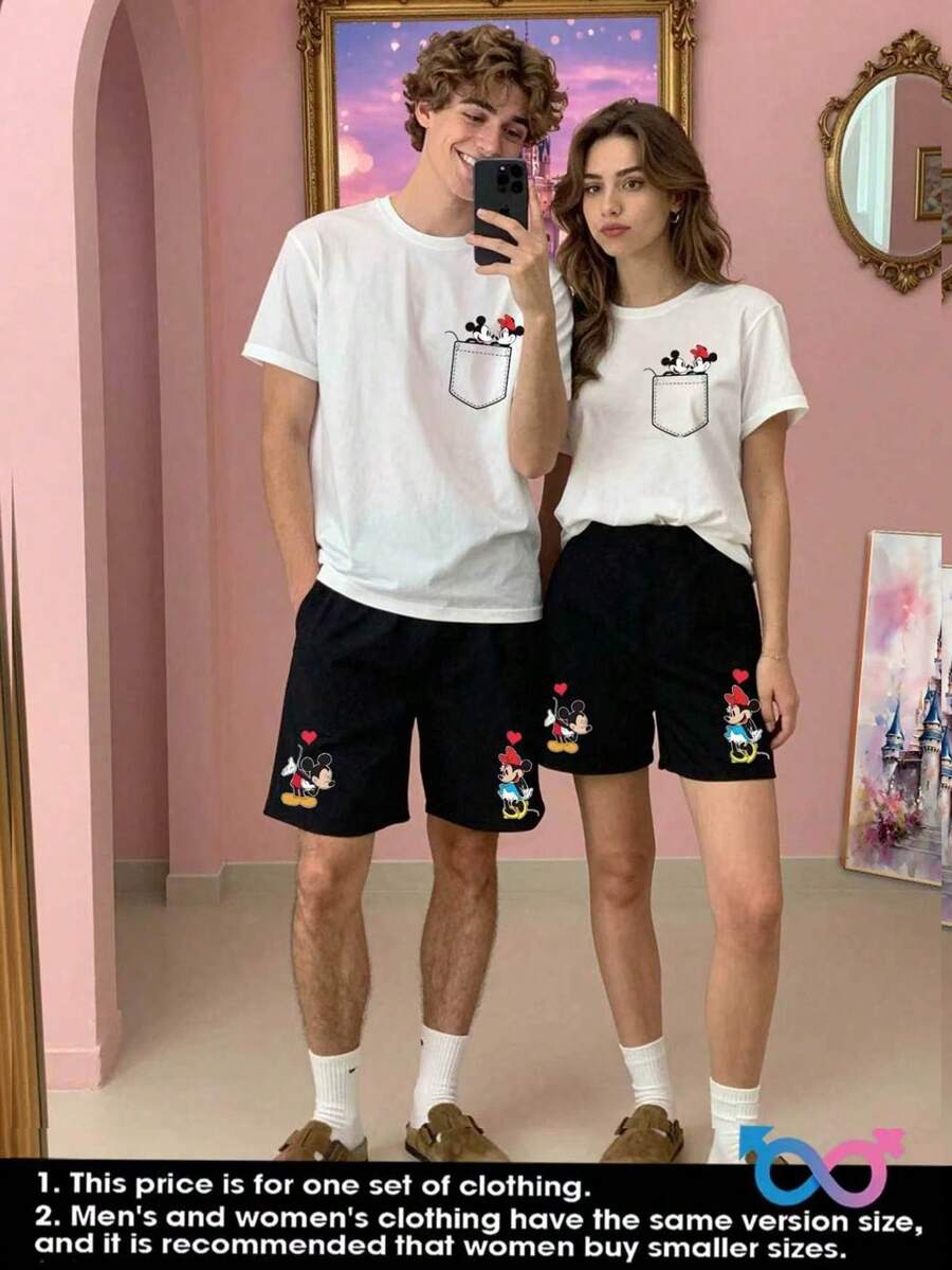 Disney 2pcs Mickey Mouse Print Men's Casual Loungewear Set, Round Neck Top And Shorts, Suitable For Spring/Summer - Black and White - View 1