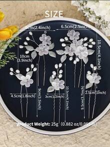 Bộ 5 chiếc kẹp tóc hình chữ U bằng acrylic với hoa và lá bạc, phụ kiện tóc kiểu Châu Âu cho đám cưới, tiệc cưới và phù dâu. - Bạc - Xem 6