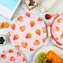 7/9 Inch Strawberry Series Printed Disposable Paper Plates, Floral Strawberry Disposable Party Plates, Party Decorations, Disposable Party Supplies, Birthday Party, Gift Party, Celebration Disposable Tableware - Pink Strawberry - View 5