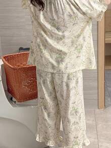2pcs Women's Sleepwear Set, French Countryside Style, Summer Breathable Round Neck Short Sleeve Capri Pants Floral Homewear With Chest Pads - Apricot - View 2