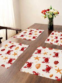 2/4/6pcs Multicolor Fish Shaped Placemats, Red Crab Shell Ocean Theme Placemats In Beige And Green, Coastal Crab, Starfish, Shell Design Lobster Party Holiday Decor Placemats - Beige - View 1