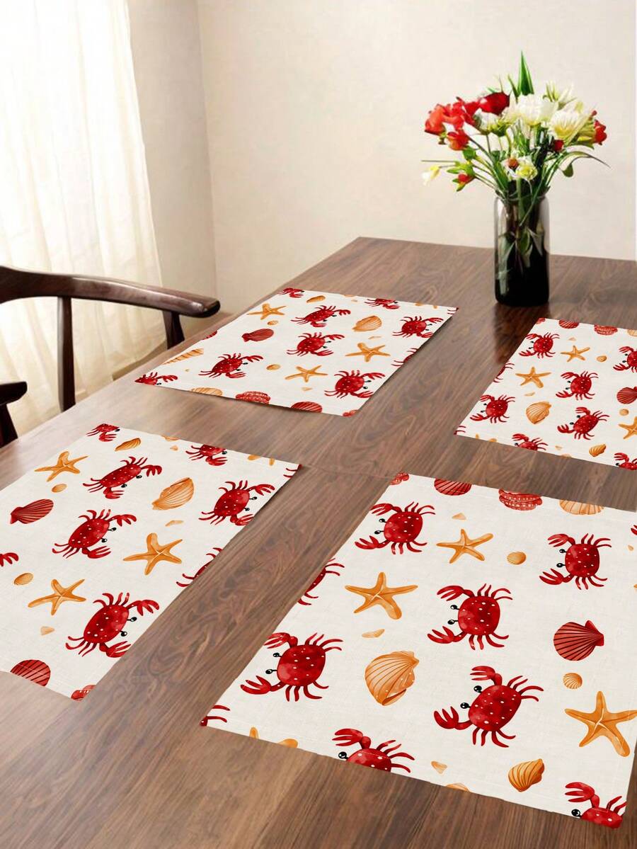 2/4/6pcs Multicolor Fish Shaped Placemats, Red Crab Shell Ocean Theme Placemats In Beige And Green, Coastal Crab, Starfish, Shell Design Lobster Party Holiday Decor Placemats - Beige - View 1