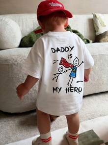 小男孩 DADDY IS MY HERO 印花 T 恤，舒適面料，適合戶外、日常、校園穿著，春夏百搭上衣 - 白色 - 查看 3
