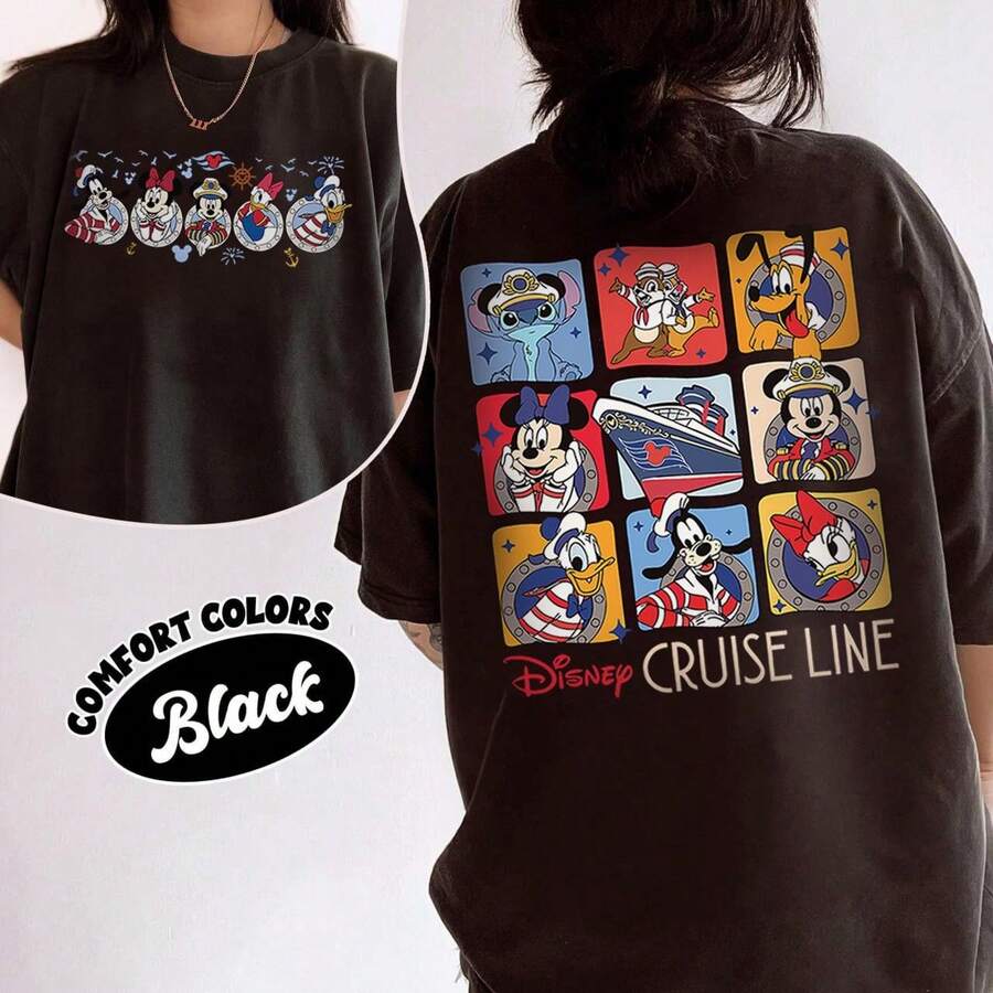 Disney Women's Cruise Squad Shirt, Mickey And Friends Cruise Tee, Disney Cruise 2 Side Trip Shirt, Disney Summer Vacation Casual Cotton T-Shirt - 黑色 - 查看 1