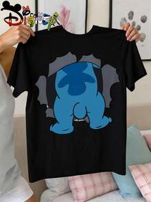 Disney Licensed Lilo & Stitch Peekaboo Kids' T-Shirt, Eye-Catching Front & Back View Tee, Machine Washable, Great For Daily Activities, Playdates, Casual Outings And Everyday Wear, Shipped From Local Warehouse - 黑色 - 查看 3