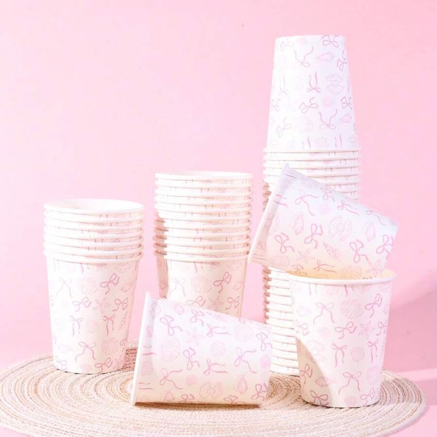 10/20/40 piezas, vasos de papel desechables con temática oceánica de línea de color rosa claro, vasos de fiesta con estampado de lazo y concha marina, suministros para fiestas de boda en la playa, ideales para bodas de verano, fiestas con temática de playa, celebraciones submarinas, reuniones en la piscina y el jardín y decoraciones de mesa para el té de la tarde - rosa - Ver 1