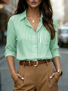 Camisa de manga larga a rayas clásica para mujer, con cuello, diseño de botones delanteros, decoración de bolsillo, adecuada para oficina y uso casual en primavera, verano, otoño e invierno - Verde - Ver 1