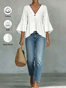 1 pieza de camisa casual para mujer , blanca, con cuello en V y mangas con volantes, 180g, 100% algodón. - Blanco - Ver 9