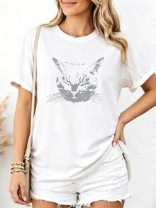 Women's Fashion Print Short Sleeve T-Shirt, Casual Round Neck Graphic Tee, Lightweight Soft Summer Tops, Versatile Streetwear - White - View 1